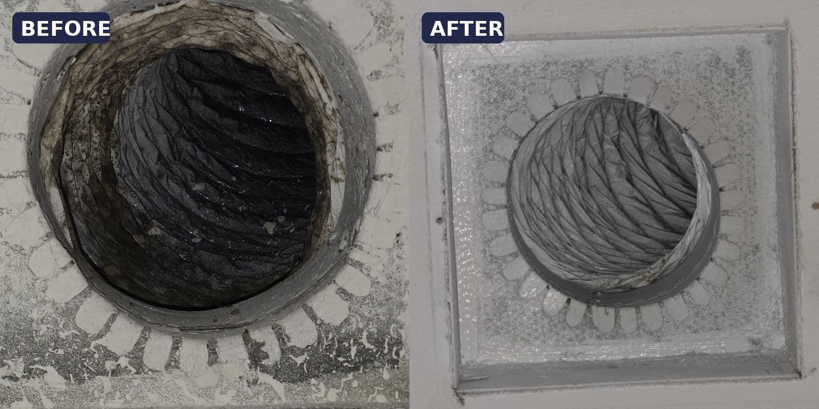 The same supply vent opening before and after duct cleaning